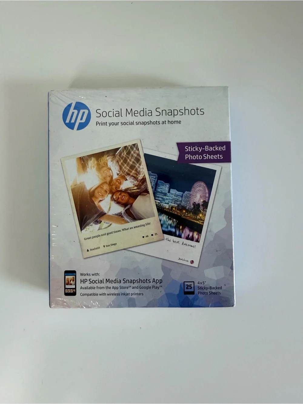 HP Social Media Snapshots Sticky Backed Photo Sheets 4x5 25 Count K6B83A NIP
